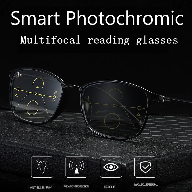 Fashion Photochromic Multifocal Reading Glasses Near-far dual-purpose Men Progressive Anti-Blue Light TR90 Eyewear Full frame