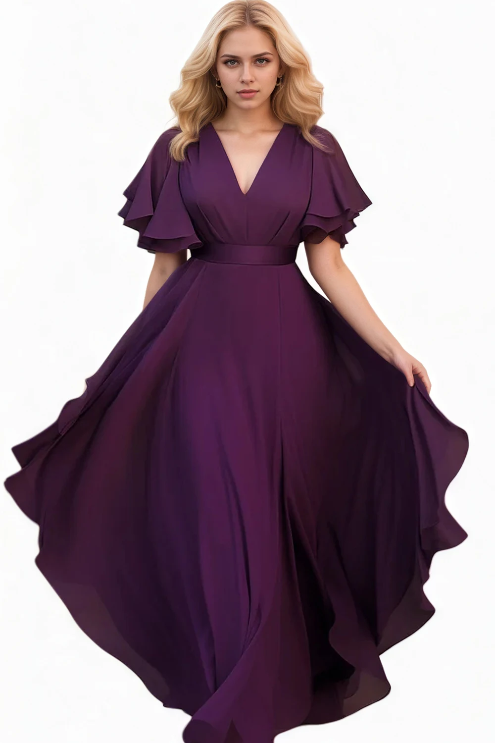 Women Plus Size Chiffon Dress Ruffle Sleeve Sexy V-Neck Purple Solid Pleated A-Line Elegant Party Club Wedding Guest Maxi Dress
