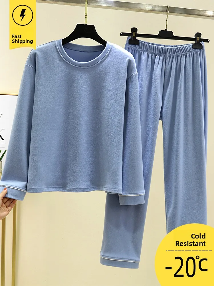 Autumn Winter Fce Lined Spwear Set Women Casual plus Size Warm Home Clothes Long Sve Top Wide Leg Pants Two Piece Set