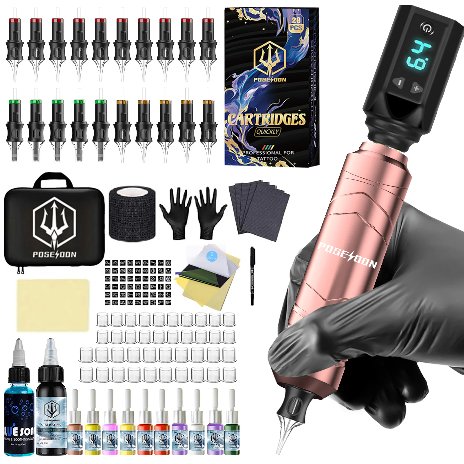 Tattoo Kit POSEIDON V5 Pink New Tattoo Pen Kit For Permanent Makeup Tattoo Machine Kit Wireless Tattoo Power Supply Tattoo Kit