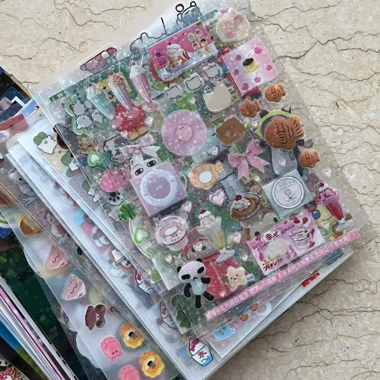 6pcs Glitter Stickers Y2K DIY Toploader Scrapbooking Journal Decor Stickers for Phone Kawaii Transparent PET Stickers Gift