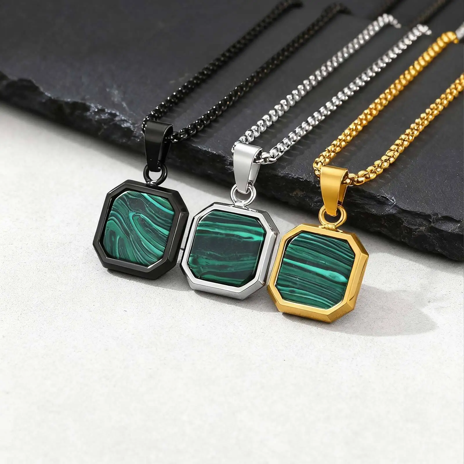Trendy Green Square Natural Stone Necklace for Men,Stainless Steel Malachite Pendant Necklace,Minimalist Gifts for Husband Dad