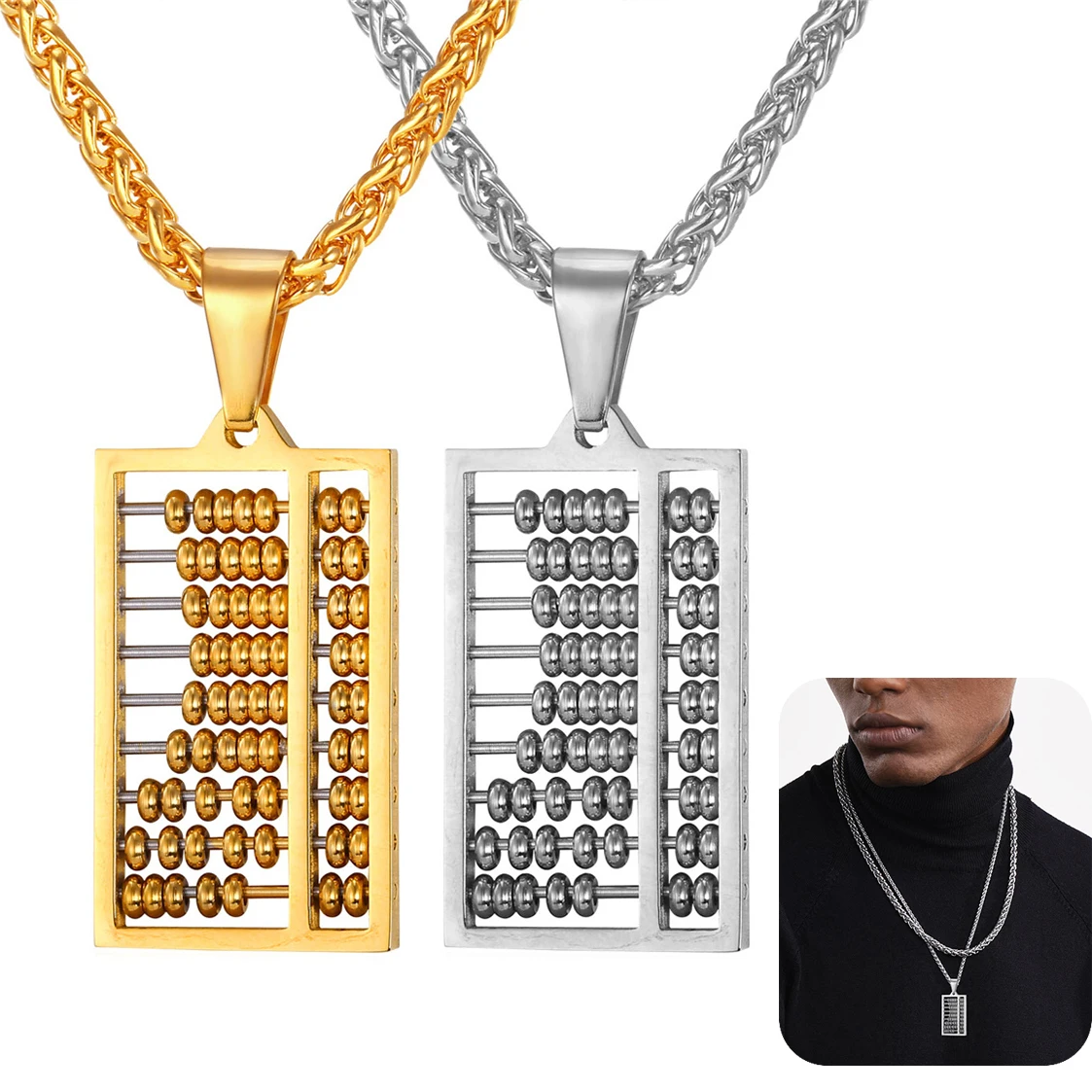 U7 Manual Calculator Abacus Pendant Necklaces for Man Woman 316L Stainless Steel Mathematics Jewelry Gift