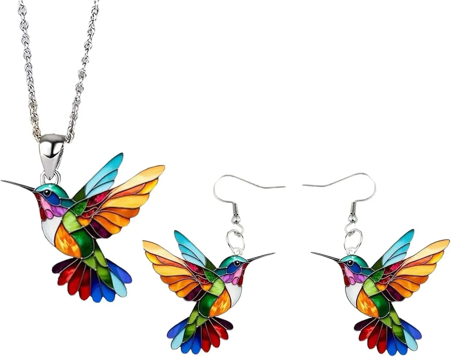 Colorful Hummingbird Bird Dangle Earring Necklaces, 2D Hummingbird Necklace, Birds Necklace For Women Girs Bird Lovers