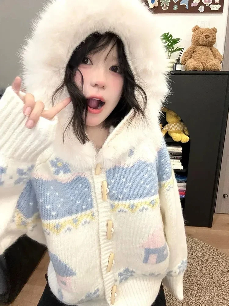 Women Jacquard Knitted Cardigan Fall Winter Loose Casual Fur Collar Hooded Sweaters Fashion Sweet Lazy Wind Horn Buttons Coats
