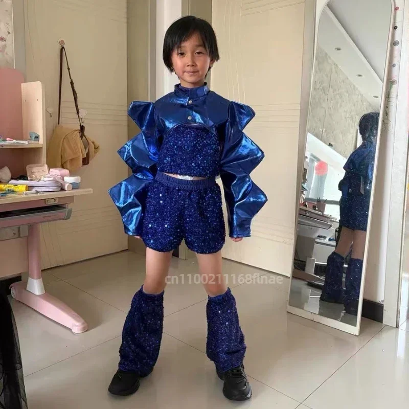 Girl Blue Jazz Dance Costume Performance Costume Technology Model T Stage Performance Street Dance Fashion Costume Set