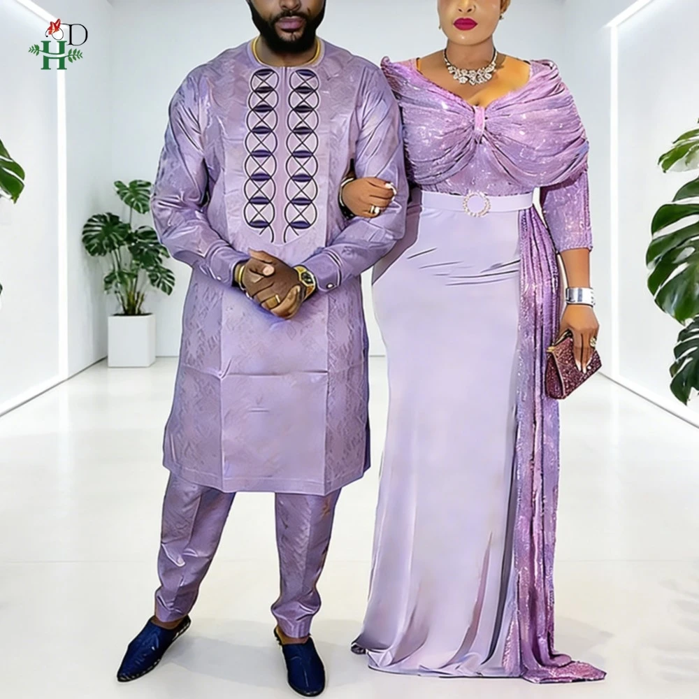 H&D African Dresses For Couple Purple Traditional Men 3PC Embroidered Outfit Set Sequin Bodycon Mermaid Robe Wedding Party Dress