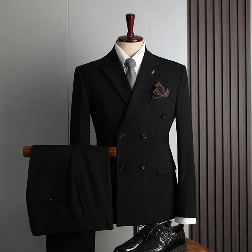 Chic Striped Men Suits High-end Double Breasted Peak Lapel Outfits Business Office Daily Casual Slim Male Suit (Blazer+Pants)