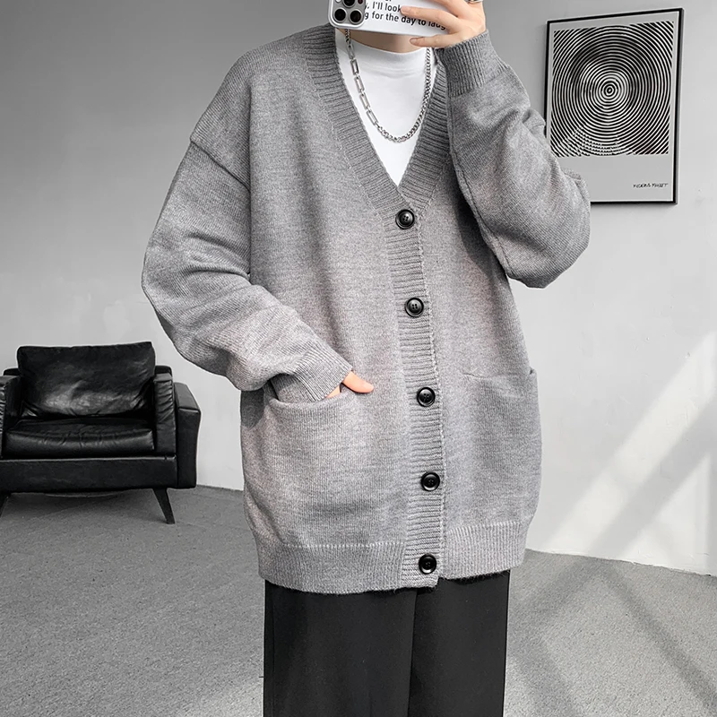 Plus Size 8XL-M Korean Style V-neck Cardigans Men Pocket Design Simple Sweater Autumn New Popular Male Casual Daily Knitted Coat