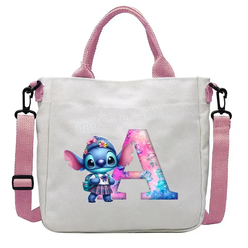 Disney Stitch Children Shoulder Bag Boys Girls Cartoon Letter Tote Bag Kids Canvas Handbag Anime Large Capacity Crossbody Pocket