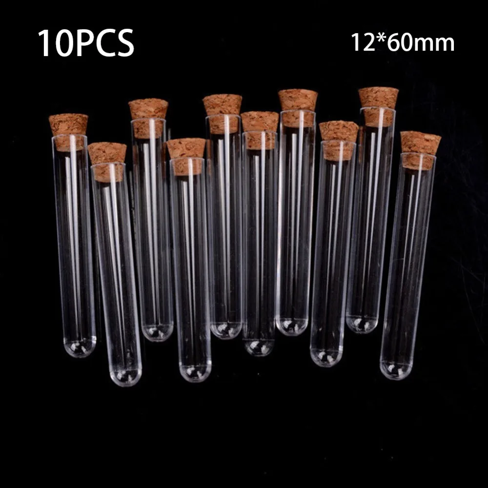 10pcs/lot 12x60mm Transparent Plastic Round Bottom Test Tube with Cork Stoppers Empty Scented Tea Tubes School Supplies