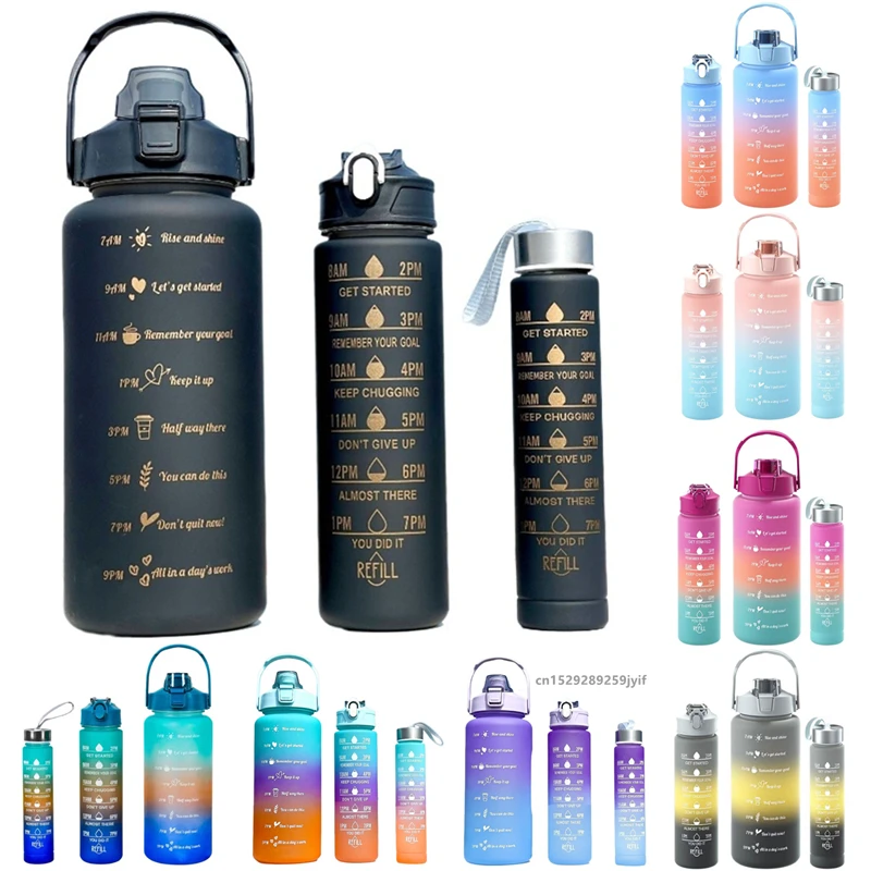 3pcs/set 300ml 900ml 2L Large Sports Bottles Gradient Color Frosted Leakproof Water Bottle With Straw For Outdoor Fitness