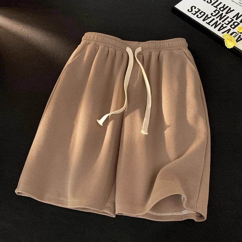 Khaki waffle shorts men's summer thin loose casual sports pants trendy brand heavyweight five inch shorts