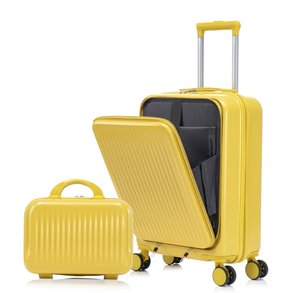 14"/20" 2 pcs/set in ABS Spinner Wheel Luggage, with Combination Lock and Front Opening Design, 14" Cosmetic Case (Yellow)