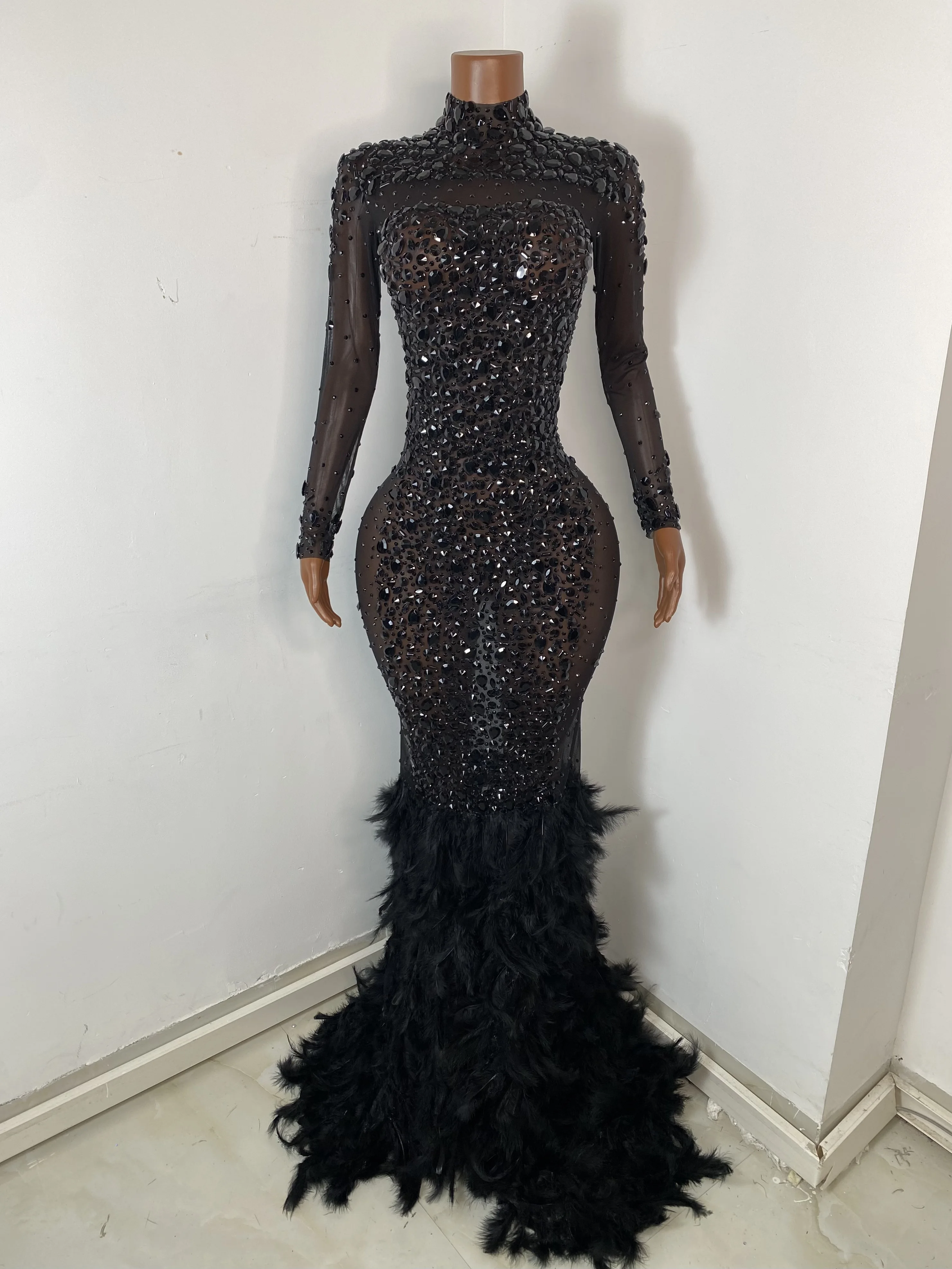 Women Sexy Black Feather Crystal Diamonds Maxi Long Dress Birthday Party Costume Bar Nightclub Stage Performance Clothing