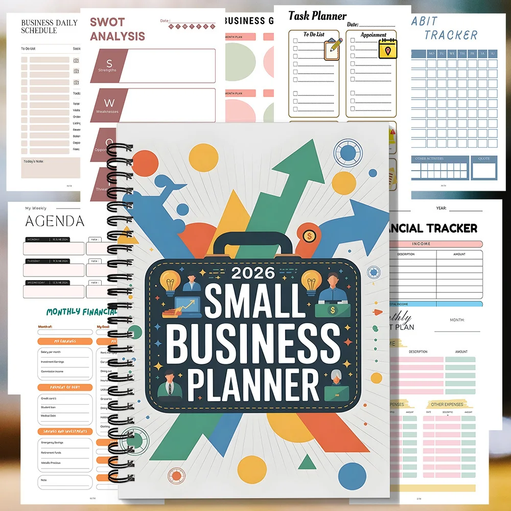 1PC 2026 Vibrant Small Business Planner Spiral Notebook, Briefcase And Arrow Accent Journal, For Modern Entrepreneur, Daily Task