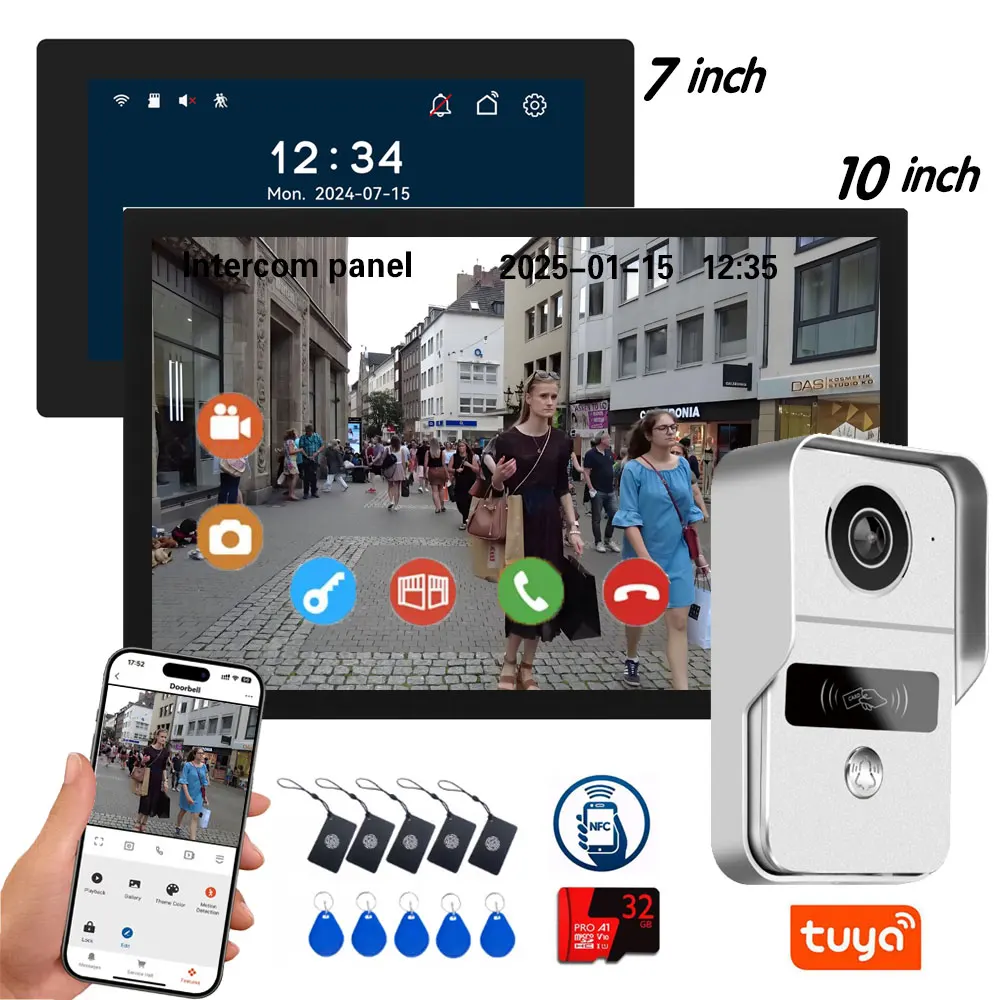 1080P Tuya Smart Doorbell Camera Home Video Intercom Wifi 2 Wires 7/10 Inch Wireless Video Doorphone System 5-in-1 NFC Unlock
