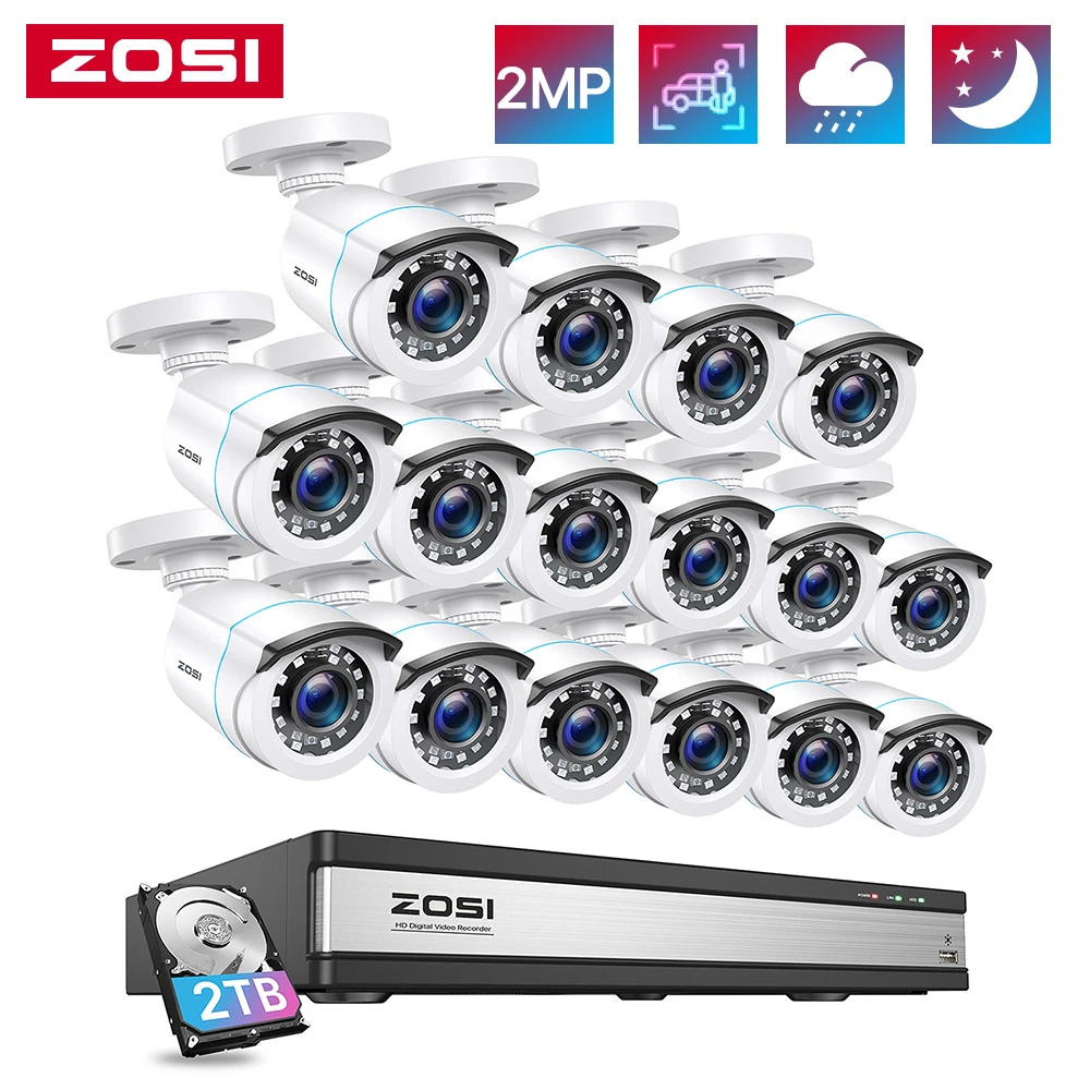 ZOSI 16CH 1080p Security Camera System 16 Channels H.265+ DVR 2MP 1920TVL CCTV Cameras Outdoor Indoor Video Surveillance