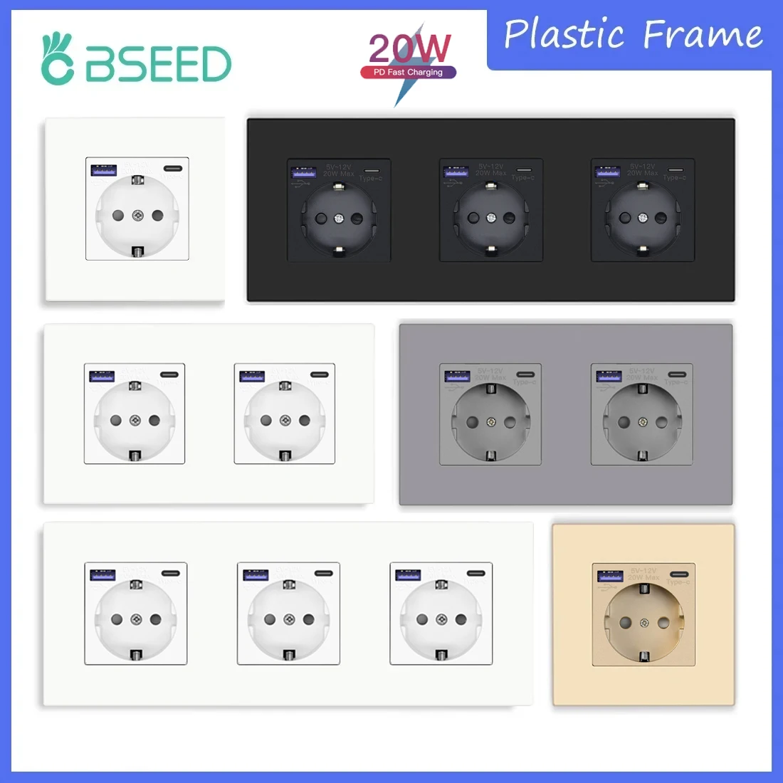 BSEED EU Wall Sockets Double Power Outlets With 20W 3.5A Type-c USB Fast Charging Ports Matte Plastic Frame 16A