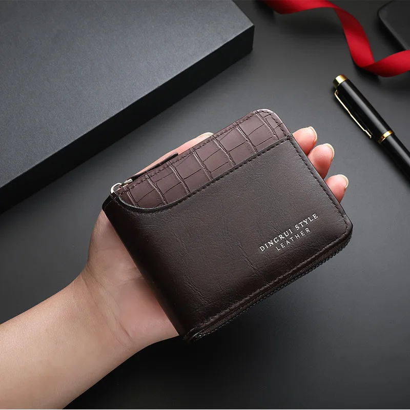 Leather Men’s Wallet Luxury Mens Purse Male Zipper Card Holders with Coin Pocket Rfid Wallets Gifts Men Money Bag Birthday Gifts