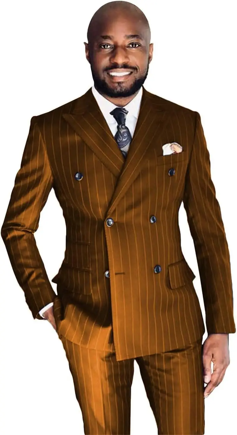 Men's Pinstripe Suit 2-Piece Set Double Breasted Business Casual Wedding Party Suit