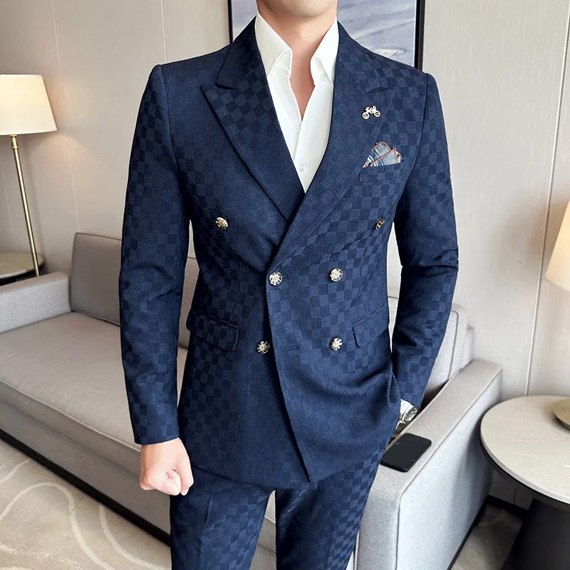 (Jacket+Pants)Luxury Checkered Double Breasted Suit 2 Pieces Fashion Business Slim Fit Social Formal Suit Evening Dress 5XL-M