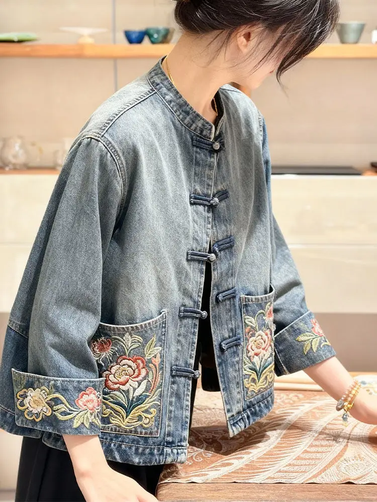 Ele New Chinese Sle Embroidered Denim Jaet High-End Feel Spring 2026 Women's Faion ort Outerwear Straight Cut
