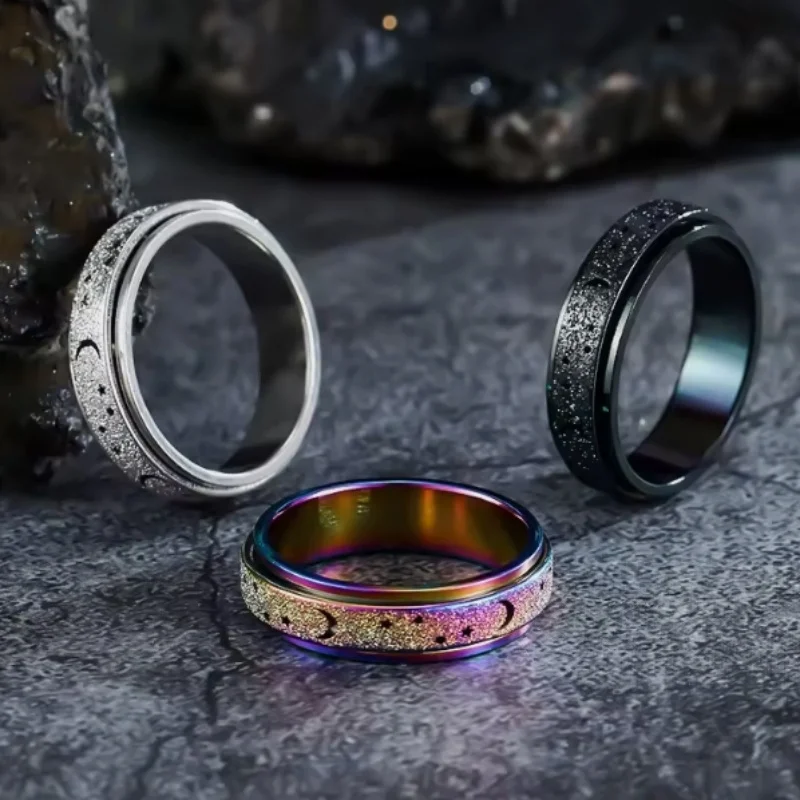 Frosted Stainless Steel Moon And Star Fidget Rings For Women Men Anti Stress And Anxiety Rotating Ring Metal Spinner Ring