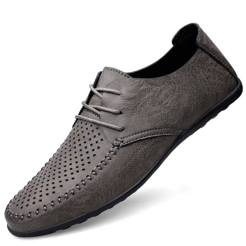 Summer Hollow Out Leather Shoes Men Luxury Italian Men Casual Handmade Moccasins Designer Breathable Boat Shoes Zapatos Hombre