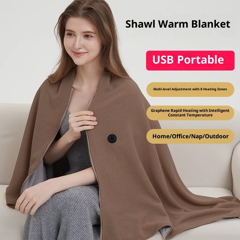 Portable USB Electric Heating Blanket Wearable Shawl Wrap Fast Warm 3 Temperature Levels for Home Outdoor Office Use