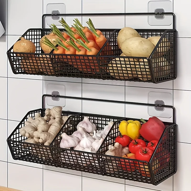 Wall Mounted Kitchen Storage Basket Suitable for Durable Metal Wire Storage of Spices, Garlic, Onions, and Vegetables
