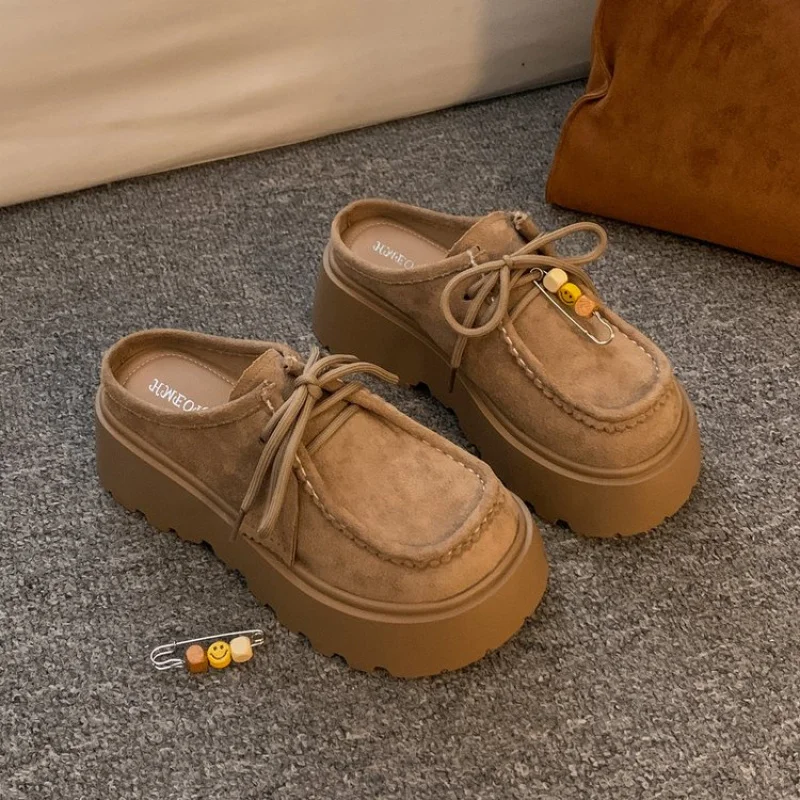 2025 Women's Suede Platform Mules - Cute Smiley Pin Decor Lace-up Loafers Thick Sole Fashion Casual Slip-on Shoes