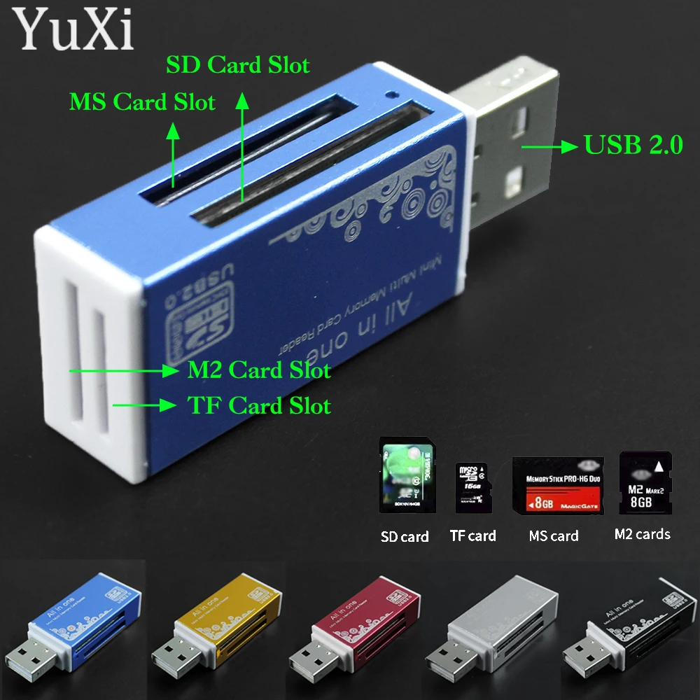 1Pc USB 2.0 Card Reader Multi Memory Card Reader All in 1 for SD TF MS M2 SDHC Card Adapter Plug for Laptop Desktop PC