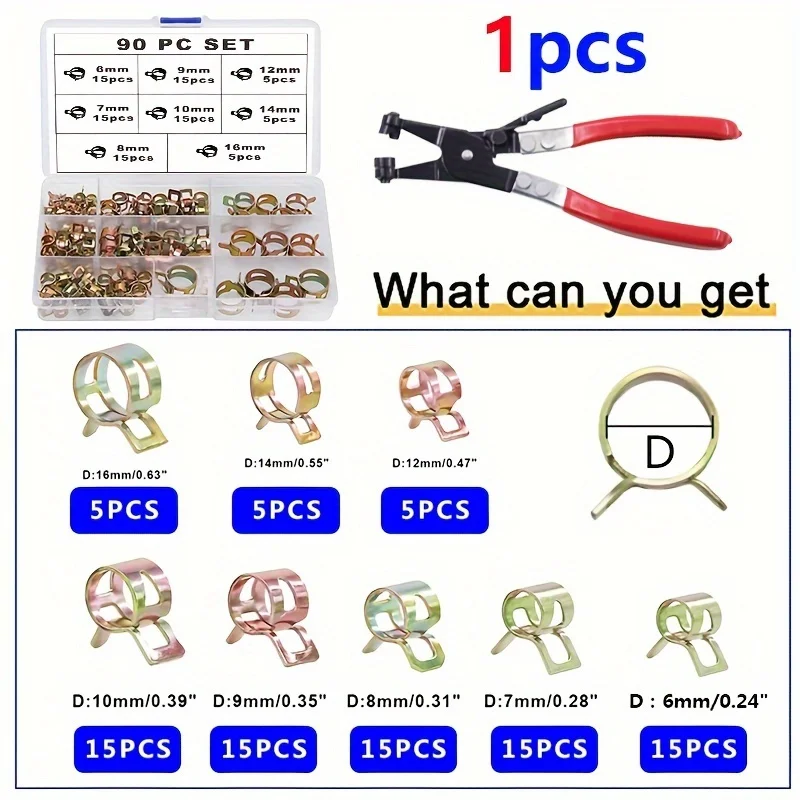 90pcs turbine hose clamp tool kit,Spring Hose Clamp Assortment Kit, Spring Band Action Fuel/Silicone Vacuum Hose Tube Clamp Low