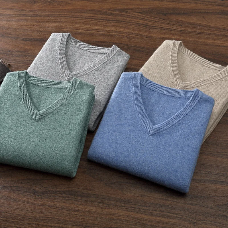 100% Cashmere Sweater Men's V-Neck Knit Pullover 2025 Spring/Autumn New Solid Color Long Sleeved Tops Business Casual Menswear