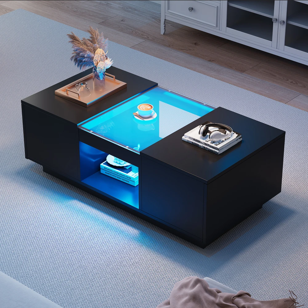 PINGGO Black Modern LED Coffee Table With 2 Tiers 2 Drawers Large Storage For Living Room