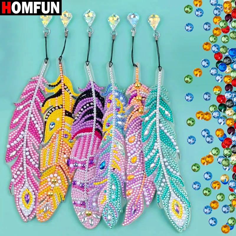 HOMFUN 6pcs/set 5D Diamond Painting Bookmarks Kits DIY Art Crystal Feather Shaped Handmade Diamond Embroidery Bookmark Gift