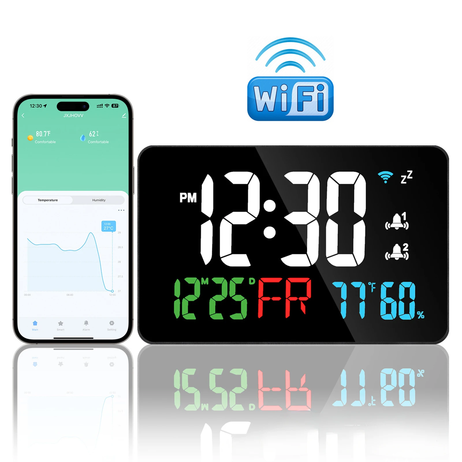 Smart Wifi Digital Wall Clock Temperature Humidity Display 4-Level Brightness Desk Table Electronic LED Alarm Clock Home Decor