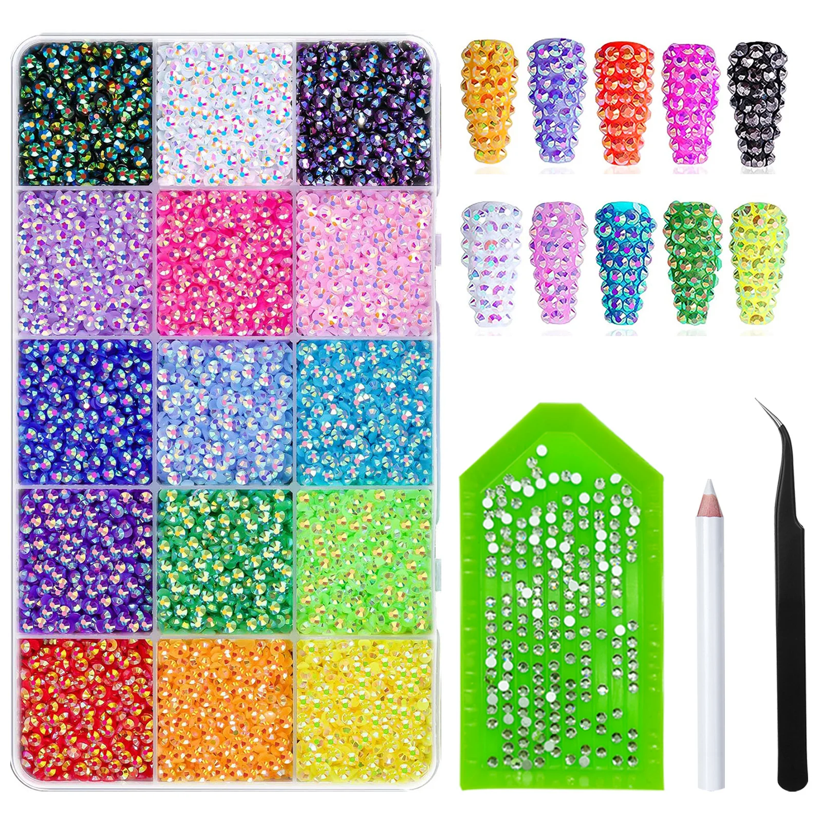 9700PCS nail rhinestones, 15 colors 3mm flat bottomed circular resin rhinestones, DIY decorative accessories with tools