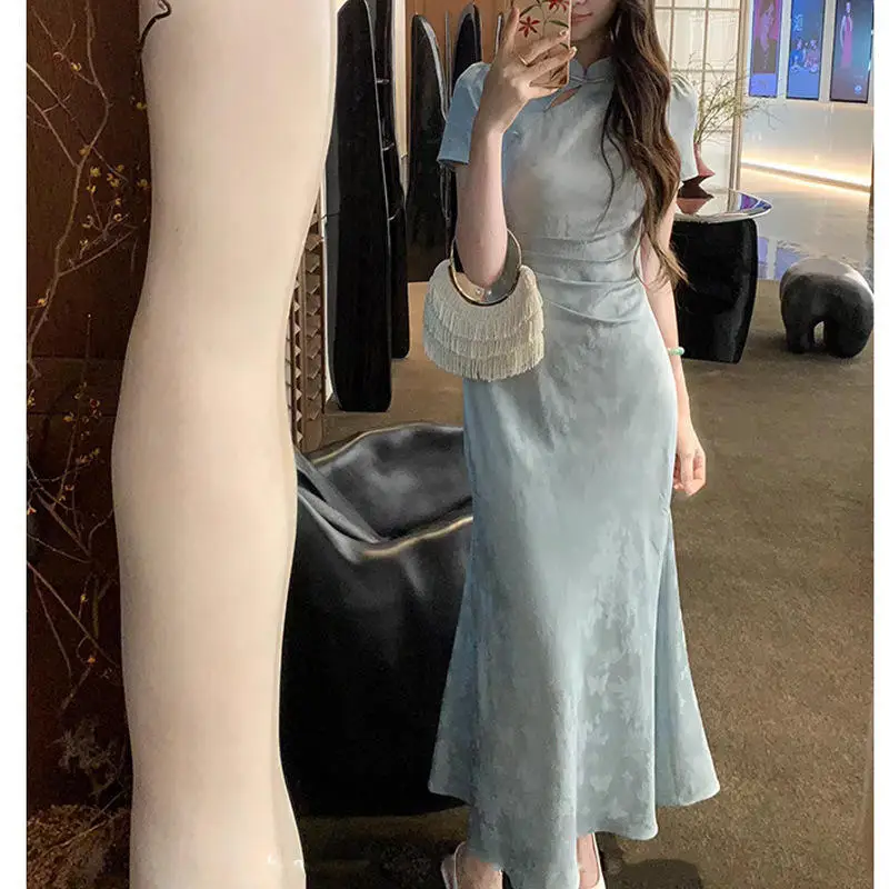 New Chinese Style Retro Improved Cheongsam Women's Summer Dark Pattern Short Sleeve Long Dress Elegant Artistic Vintage