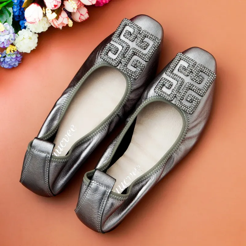 Fashion Womens Loafers Shoes Genuine Leather Bow Pregnant Ballet Flats Slip-On Comfortable SILVER FLATS SHOE WOMAN SIZE 10