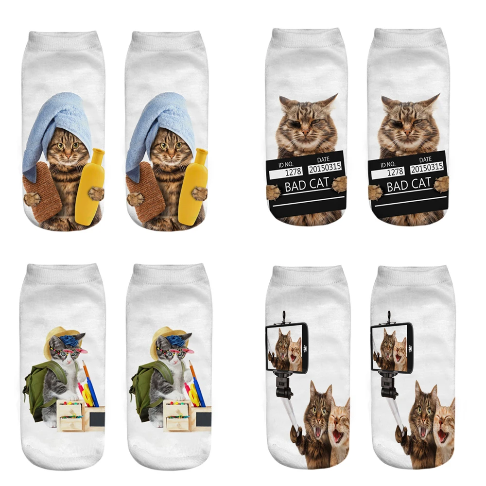 New 3D Print Cartoon Women's Socks Funny Cute Cat Lovely Animal Pattern Girls Happy Low Ankle Sokken