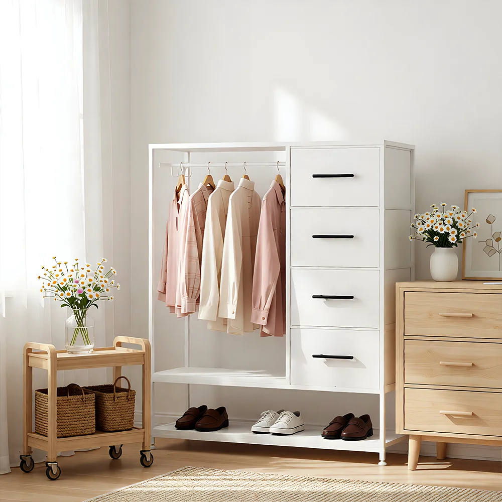 Open Wardrobe for Bedroom Clothes Rail with 4 Fabric Drawer Heavy Duty Clothing Rack 4 Side Hooks and Metal Frame