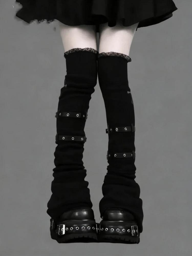 Gothic Cross Print Lolita Lace Large Flared Knitted Socks Women Subculture Japanese Style Leg Warmers Thigh High Socks
