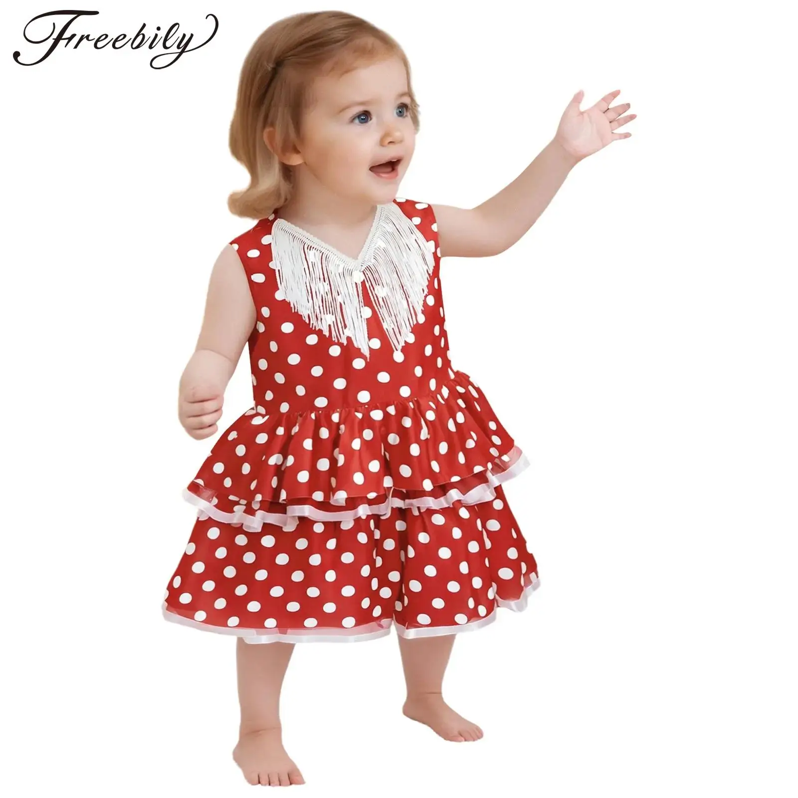 Little Girls Spanish Flamenco Dance Dress Sleeveless Tassel Polka Dot Mesh Tutu Layered Gown Halloween Birthday Party Costume