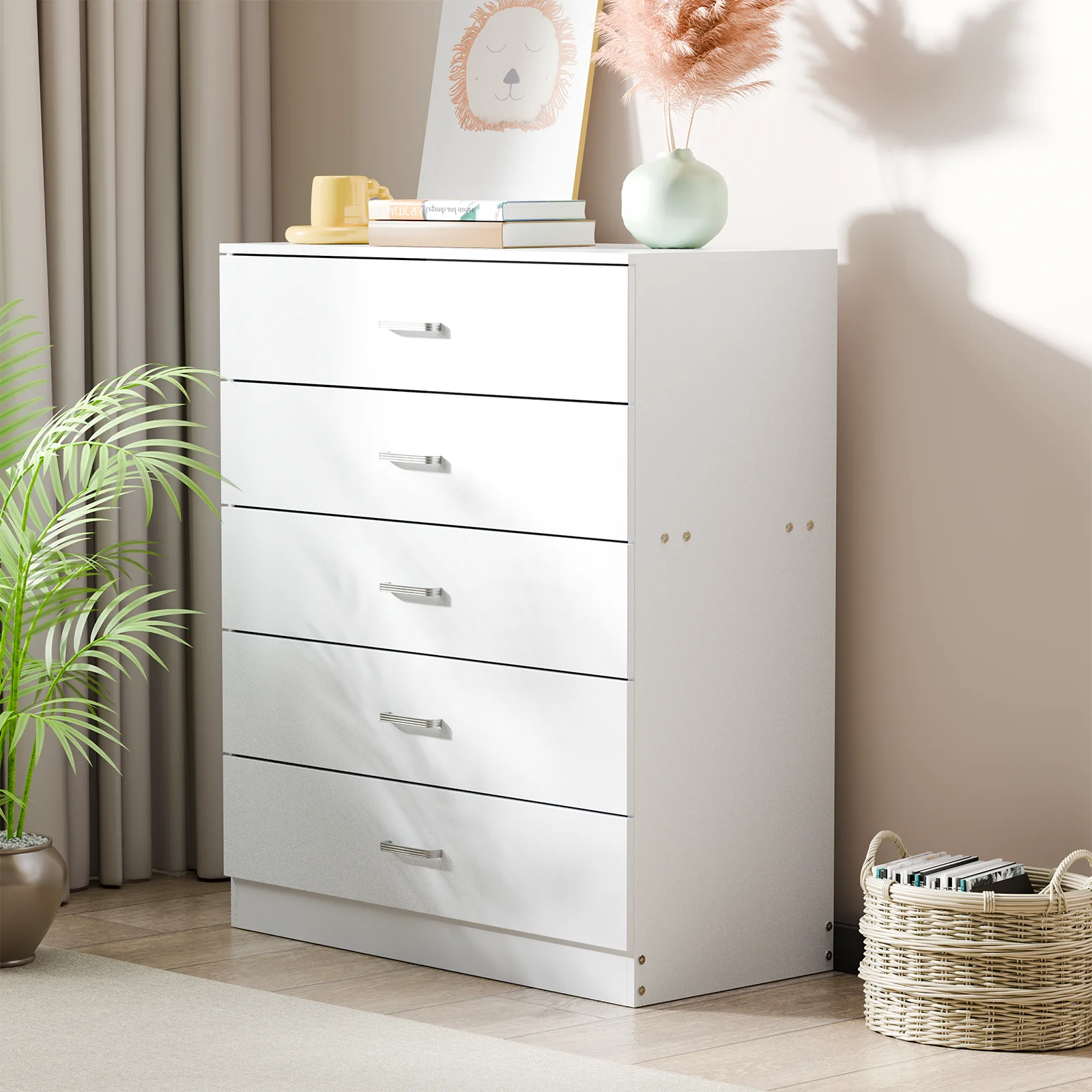 5 Drawer Chest White, Wood Storage Cabinet Dresser for Bedroom, Hallway, Closet Organizer, Modern Furniture (75x36x90cm)
