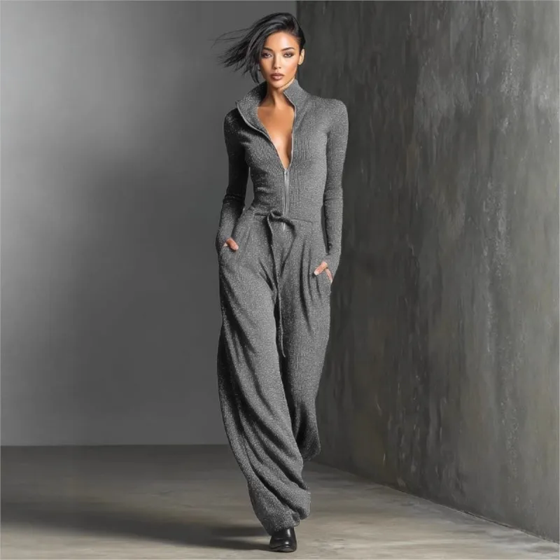 Fashion V-neck Zipper Jumpsuit Women's Clothing Elegant Half Stand Collar Bodysuit Romper Female High Waist Long Sleeve Outfit