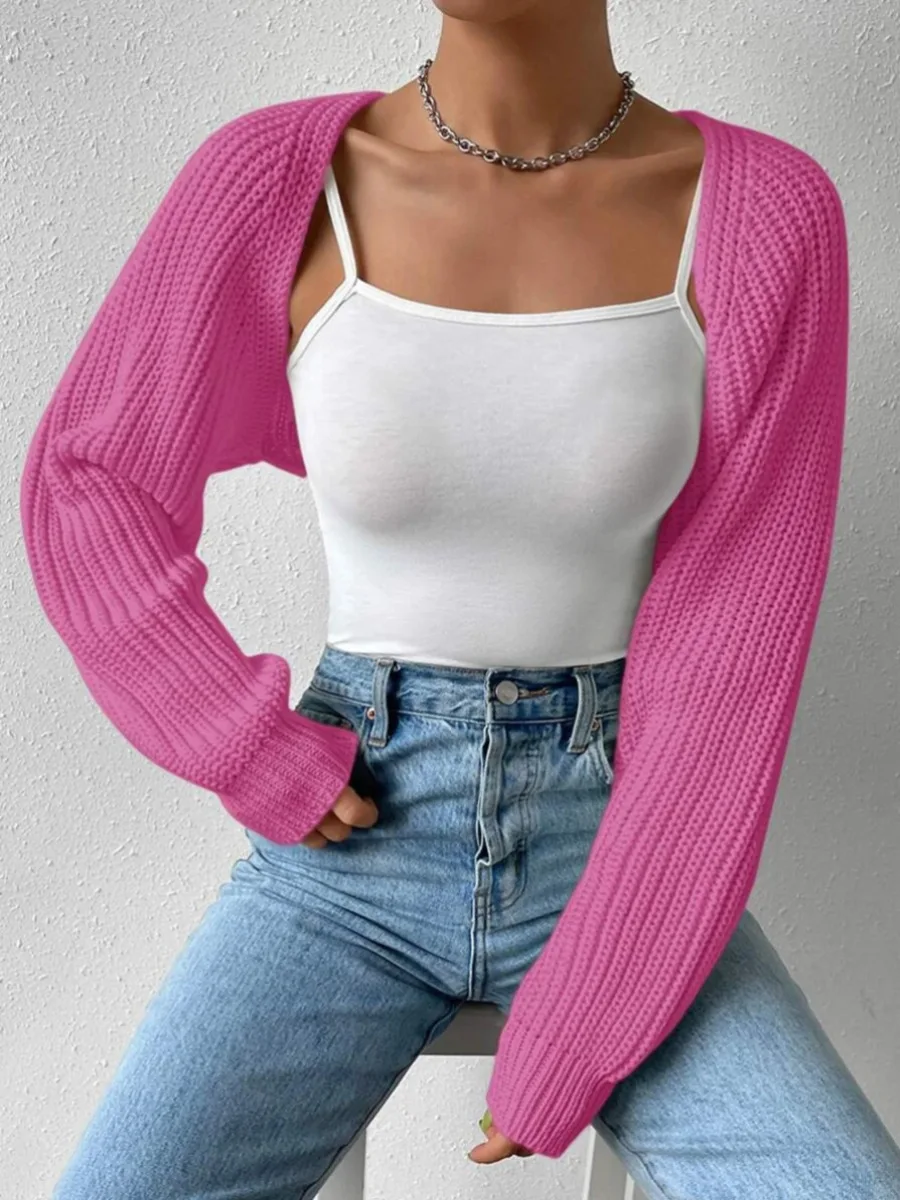 Open Front Cropped Cardigan Women Autumn Winter Long Sleeve Solid Color Ribbed Knit Shrug Sweater Bolero Tops Black/Pink/White