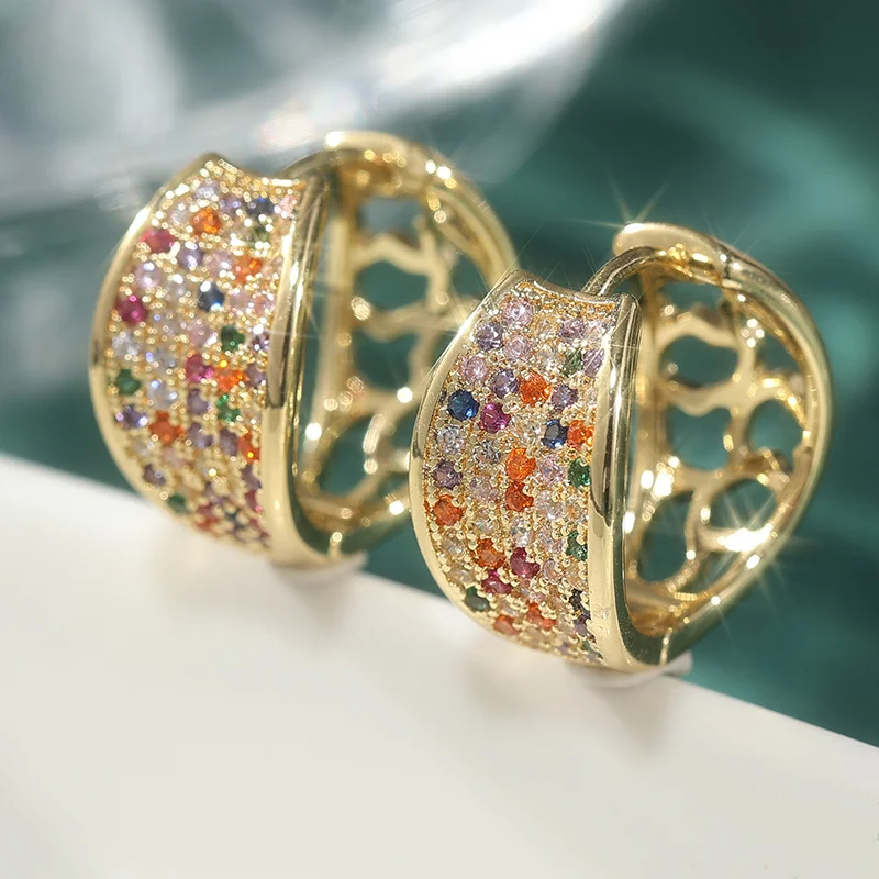 Women's fashionable earrings with shiny multi-color synthetic zircon small circle design, suitable for daily wear and banquets