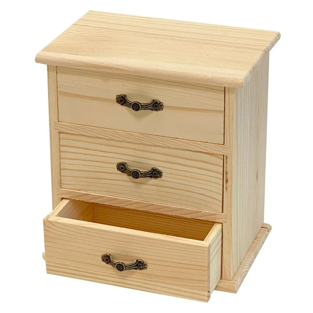 Three Drawer Wooden Jewelry Box DIY Craft Storage Organizer Wooden Desktop Drawer Storage Box Pine Wood Home Decor